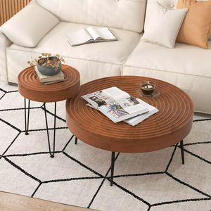 Set di 2 Tavolini da Caffè Rotondi in Legno Massello con Motivo ad Anello, Stile Rustico - Product Image 2