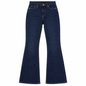 Jean en denim taille haute pour femme, coupe bootcut, avec poches ondulées et broderies – Indigo foncé, coupe skinny, taille XL, lavable - Product Image 1