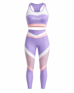 Conjunto de Yoga Color Morado con Bloques de Color, Top Corto y Leggings de Cintura Alta, Ribete en Contraste, Secado Rápido, Spandex y Poliéster, 2 Piezas - Product Image 1