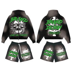 Men's Summer Custom Logo 2 Two Piece Hoodie and Short Set Streetwear <b>Plain</b> Casual Sports <b>Tracksuit</b> Blank Oversize Set - Product Image 3