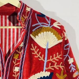 <b>Red</b> <b>Velvet</b> Suzani <b>Jacket</b> • Boho Embroidered Floral Coat • Handmade Festival Wear • Artisan Bohemian Outerwear - Product Image 2