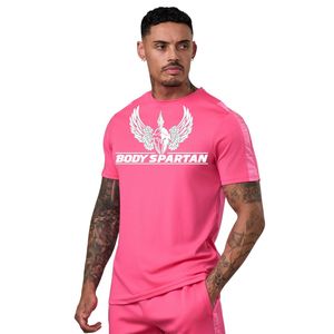 ชุดเสื้อยืดและกางเกงขาสั้นกีฬาโพลีเอสเตอร์สีชมพูสำหรับผู้ชาย ชุดออกกำลังกายแขนสั้น ชุดวิ่งออกกำลังกายน้ำหนักเบาระบายอากาศได้ดี - Product Image 1