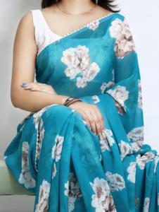 Sarees de Georgette con Estampado Floral en Varios Colores, Venta al Por Mayor, Prenda Tradicional India, Ligeros, con Borde de Encaje, Sarees de Chifón para Fiestas - Product Image 3
