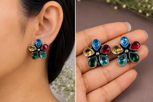 Envío Rápido, Pendientes de Plata Oxidada con Circonitas Multicolores en Forma de Flor |   Proveedor al por mayor de ropa floral tribal bohemia para mujer - Product Image 2
