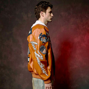 เสื้อแจ็คเก็ตบอมเบอร์หนังสีส้มสำหรับผู้ชาย พร้อมลายปักแบบปะติด ปกเสื้อพับได้ ปิดด้วยซิป สไตล์วินเทจ เสื้อคลุมสำหรับฤดูใบไม้ร่วง - Product Image 3