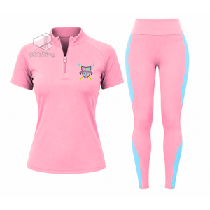 Gamma Phi Delta Workout Set Quarter Zip Top <b>Short</b> Sleeve High Waist <b>Leggings</b> With Contrast Blue Stripe Sports Activewear Set - Product Image 1