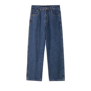 Pantalones de mezclilla de cintura media, pierna recta, lavado a la piedra, corte regular, con dobladillo desgarrado, estilo casual, tela de algodón ligera y ecológica, para primavera. - Product Image 2