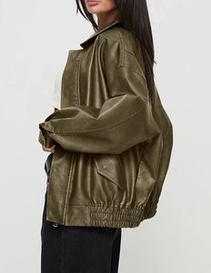Veste moto pour femme en cuir PU vert tressé, à manches longues, fermeture éclair, col rabattable, style automne - Product Image 3