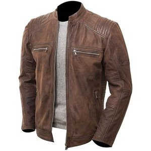 Veste moto en cuir véritable marron pour homme, col montant, fermeture éclair, coupe ajustée, style automne - Product Image 3