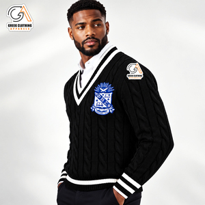<b>Men's</b> Phi Beta Sigma Black Cable Knit V-Neck Sweater Embroidered Crest Front <b>Cardigan</b> Winter 100% Polyester Breathable - Product Image 3