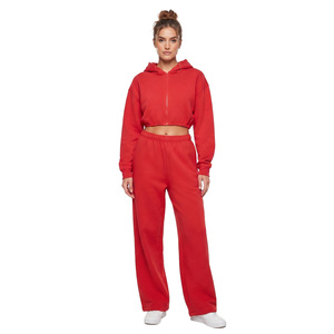 Ensemble de survêtement athleisure deux pièces pour femme OEM, coupe courte, à capuche, avec pantalon large, personnalisable, en tissu épais, zippé, style streetwear - Product Image 1