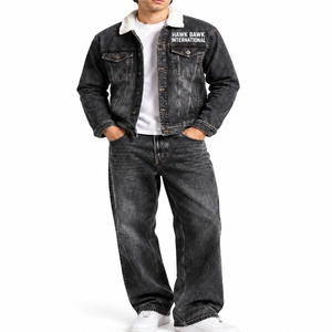 Ensemble de survêtement en jean personnalisé pour homme – Veste et pantalon en denim délavé, coupe décontractée, noir délavé, en coton, pour l'automne - Product Image 1