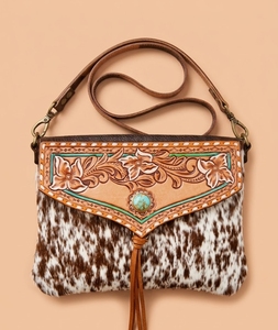 Cowhide Genuine Leather Fashion Shoulder Bag Floral Embossed Cow Pattern Two Straps <b>Large</b> Capacity Crossbody Purse for Women - Product Image 1