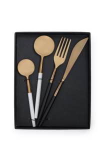 Ensemble de couverts en acier inoxydable doré artisanal, design moderne avec manche noir et blanc, vaisselle de table - Product Image 2