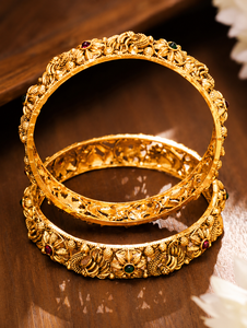 18K Gold Plated Polki Flower Pattern Bangles with Pearl Inlay Vintage Style Women's <b>Wedding</b> Jewelry - Product Image 3