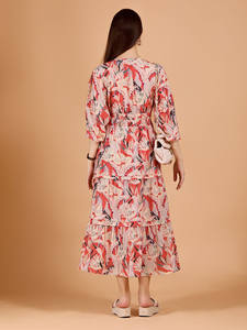 เดรสผู้หญิงลายดอกไม้ คอวี แขนบาน แต่งระบายชายกระโปรง ทรงหลวม ซักได้ - Product Image 3