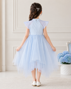 Vestido de Tul Azul Claro para Niña con Bordado de Mariposas, Manga de Pétalo, Corte en A, Largo hasta la Rodilla, Estilo Dulce, Vestido de Primavera - Product Image 2