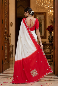 CHOHAN TEXTILE Custom Vintage Floor-Length Wedding <b>Red</b> White Organza <b>Saree</b> Handwork Border Designer Indian Bridal Women Party - Product Image 3