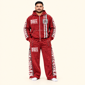 Rexfit sports 2026 Custom Custom Men’s <b>Red</b> Distressed Tracksuit Graphic Zip Up <b>Hoodie</b> and Wide Leg Pants Oversized Hip Hop - Product Image 2