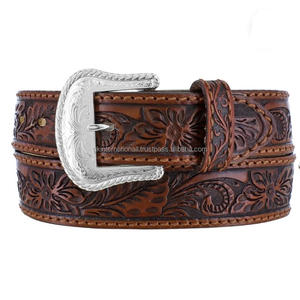 Versatile Style Full Grain <b>Men's</b> Fashion Western <b>Leather</b> Tooling <b>belt</b> for jeans or trouser with Unique floral brass buckle - Product Image 2