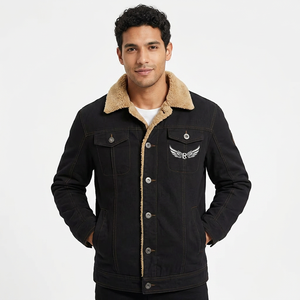 Men's Winter Denim <b>Jacket</b> <b>With</b> <b>Lining</b> Embroidered Wings Logo Turn-down Collar Casual Thick Warm Coat - Product Image 6