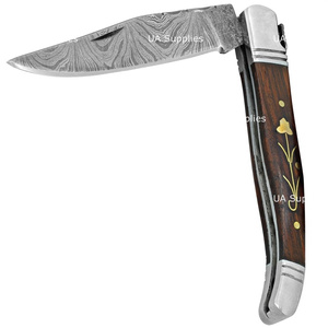 Couteau de chasse pliant Laguiole professionnel haut de gamme en acier Damas, manche en bois naturel, fait main, pointe clip. - Product Image 3