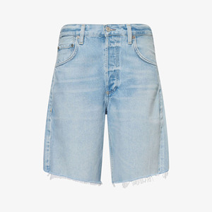 Shorts Bermuda Femme Taille Haute en Coton Délavé Bleu Clair, Fermeture Boutonnée, Ourlet Effiloché, Style Décontracté - Product Image 1