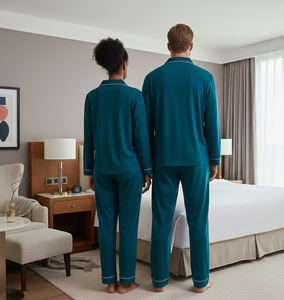 Conjunto de Pijamas de Lujo <span class=keywords><strong>para</strong></span> Pareja, Manga Larga, Color Verde Azulado Sólido, Pijamas Unisex de Satén Suave, Ropa de Dormir de Dos Piezas <span class=keywords><strong>para</strong></span> Hombre y Mujer - Product Image 3