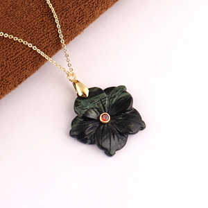Minimalist kambaba jasper hand carved floral pendant necklace <b>with</b> red cz bezel set stone statement 18k gold plated brass chain - Product Image 3