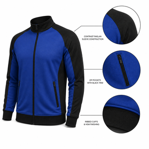 Blouson de sport pour homme, bleu et noir, style color block, fermeture éclair, col montant, en polaire polyester, personnalisable OEM - Product Image 1