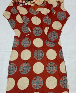 Traditional <b>Red</b> Cotton Kurti With Blue Polka Dot Print For Women Casual Wear Midi Length Regular Fit Fancy Dori Pattern Kurtis - Product Image 1