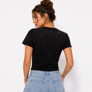 Camiseta corta negra OEM personalizada con pedrería brillante para mujer, camiseta de manga corta con cuello redondo, estilo Y2K, para fiesta, ropa de calle, informal y glamurosa - Product Image 2