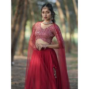 ชุด lehenga choli ชุดแต่งงานผ้าเลื่อมสีแดงที่สวยงามพร้อม dupatta - Product Image 4