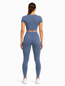 Ensemble de yoga 2 pièces : Crop top col rond et Legging taille haute longueur intégrale, sans couture, taille élastique, en Spandex/Nylon, séchage rapide - Product Image 4