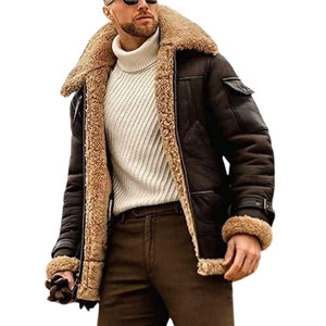 Manteau en cuir véritable bordeaux pour homme, veste en peau de mouton, col en fourrure, fermeture éclair, manteau d'hiver - Product Image 6