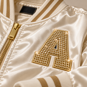 Astra <b>Men's</b> Beaded Varsity <b>Jacket</b> Gold Lettering Satin Back <b>Sequined</b> Preppy Style Regular Fit Autumn Zipper Closure - Product Image 3