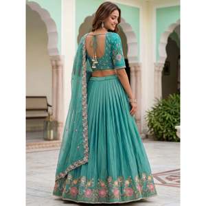 Women's Sea Green Floral <b>Embroidery</b> Organza Lehenga Choli <b>Set</b> with Dupatta - Product Image 3