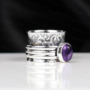 Vintage Boho Sterling <b>Silver</b> Amethyst Spinner <b>Ring</b> for Women – Handmade <b>Adjustable</b> Meditation Band Ethnic Engraved Jewelry - Product Image 5