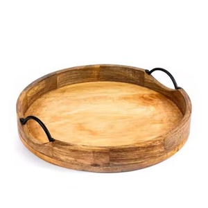 Plateau de service en bois pur avec poignée en fer, forme arrondie, pour la maison, la cuisine, l'hôtel, le restaurant, plateau de service en bois naturel - Product Image 4