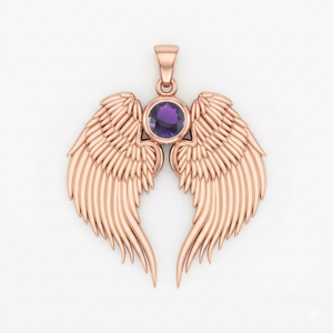 Amethyst Quartz Guardian Angel Wing Birthstone Pendant Rose Gold Plated with Round Amethyst Crystal 3 cm Wing Charm <b>Necklace</b> - Product Image 1