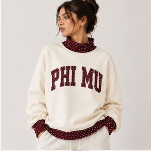 Sudadera de cuello redondo para mujer Phi Mu, marrón con ribete de lunares, cuello simulado frontal acogedor, de algodón tejido, estilo oversize, para invierno/otoño - Product Image 2