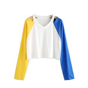 Nouvelle mode de t-shirt de haute qualité à manches raglan contrastées et à col déchiré pour femmes - Product Image 1