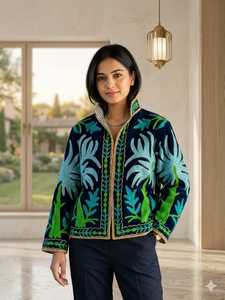 Veste brodée Suzani bleu marine pour femme, manteau bohème de luxe fait main, vêtement ethnique de créateur, blazer chic, cadeau pour elle - Product Image 1