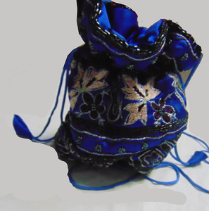 Blue Silk Embroidered Drawstring Bag Bohemian Style Daily Use Handmade Beaded Potli Bags Lowellcraft.com Cotton Lining - Product Image 1