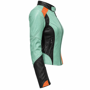 Chaqueta de Cuero Genuino para Mujer, Color Verde Menta, Naranja y Negro, Estilo Racing, Corte Ajustado, para Motocross, Deportes y Motociclismo - Product Image 3