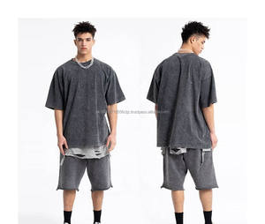 Poids lourd lavé à l'acide haut haute qualité Twin Set deux pièces pour hommes Style Unique Street Wear tenue d'été - Product Image 4