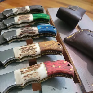Damascus Steel Folding Hunting <b>Knife</b> Clip Point Blade Serrated Edge Elk Horn Wood <b>Handle</b> Leather Sheath Industrial Grade <b>Knife</b> - Product Image 6