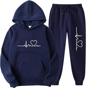 Unisex Navy Blue Heartbeat Print Hoodie Jogger Pants Set Casual Tracksuit Full Sleeve Solid Color 100% Cotton Anti-Shrink Fleece - Product Image 4