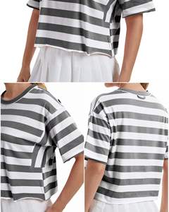 Camiseta Corta a Rayas para Mujer, Corte Holgado, Manga Corta, Informal, Verano, Algodón Suave, Estilo Urbano - Product Image 3