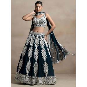 Glamorous Dark Green Embroidered Georgette <b>Wedding</b> Lehenga Choli - Product Image 1